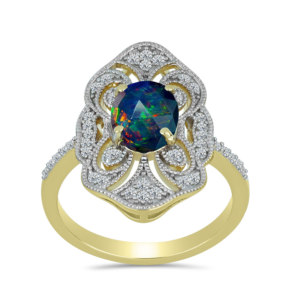 Inel din Argint 925 Placat cu Aur ( 4.56 grame ) cu Opal Etiopian Negru Lega Dembi și Topaz Alb 1.43 Carate