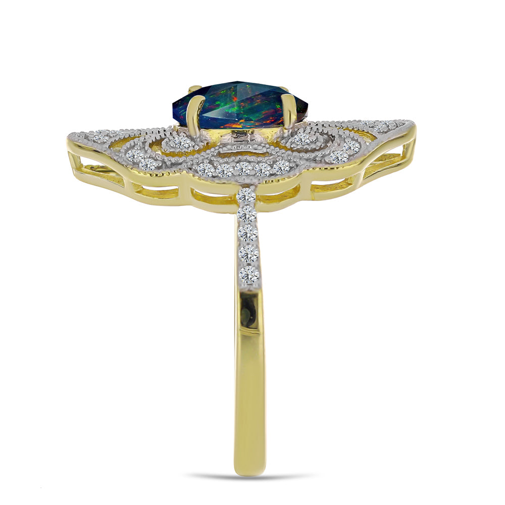 Inel din Argint 925 Placat cu Aur ( 4.56 grame ) cu Opal Etiopian Negru Lega Dembi și Topaz Alb 1.43 Carate 4 