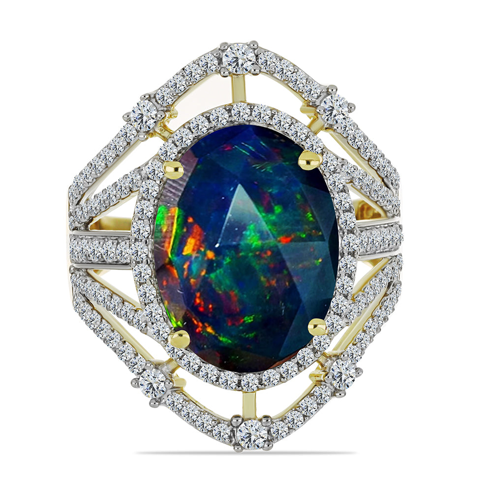 Inel din Argint 925 Placat cu Aur ( 5.46 grame ) cu Opal Etiopian Negru Lega Dembi și Topaz Alb 5.09 Carate 1 