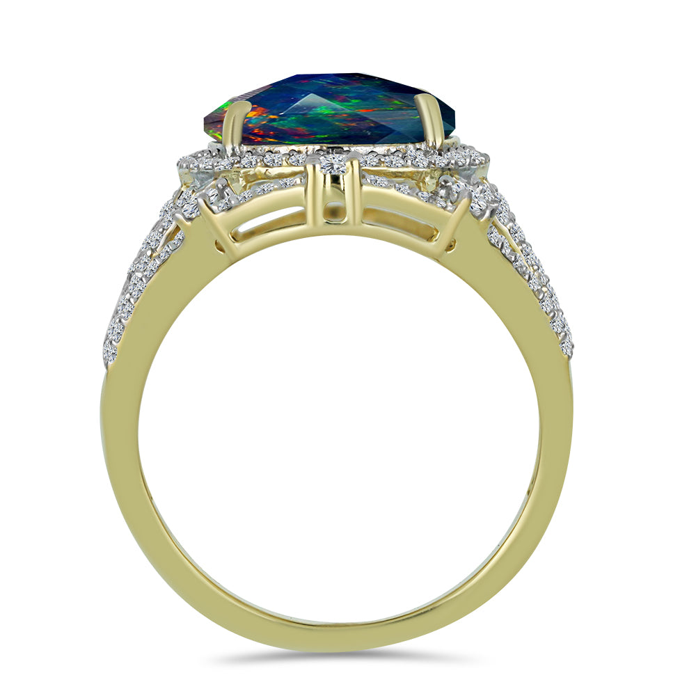 Inel din Argint 925 Placat cu Aur ( 5.46 grame ) cu Opal Etiopian Negru Lega Dembi și Topaz Alb 5.09 Carate