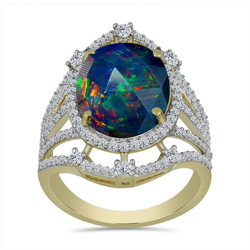 Inel din Argint 925 Placat cu Aur ( 5.46 grame ) cu Opal Etiopian Negru Lega Dembi și Topaz Alb 5.09 Carate 3 