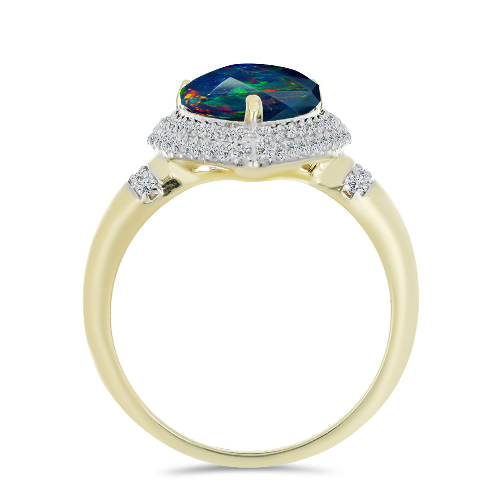 Inel din Argint 925 Placat cu Aur ( 3.73 grame ) cu Opal Etiopian Negru Lega Dembi și Topaz Alb 3.03 Carate 2 