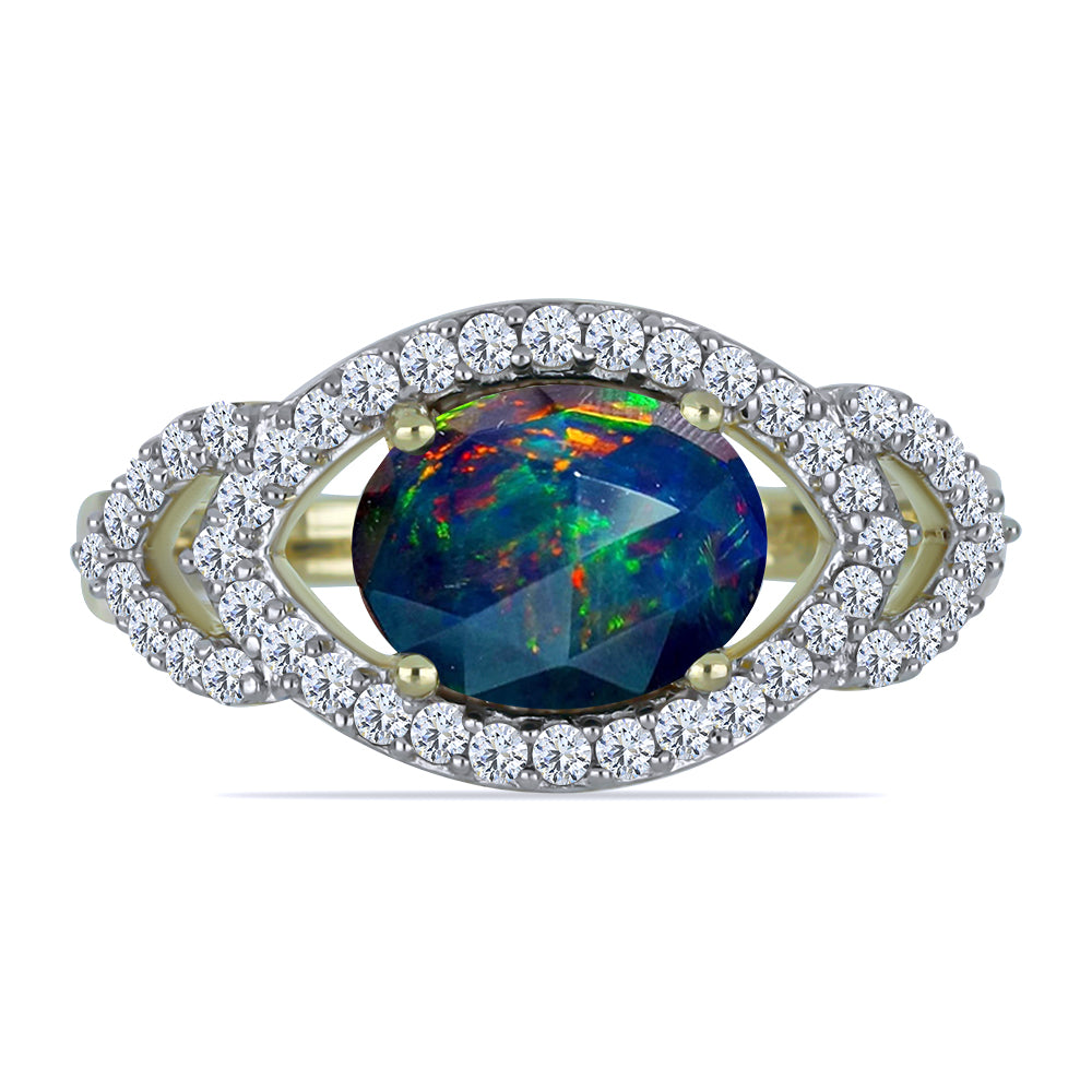 Inel din Argint 925 Placat cu Aur ( 3.32 grame ) cu Opal Etiopian Negru Lega Dembi și Topaz Alb 1.49 Carate 1 