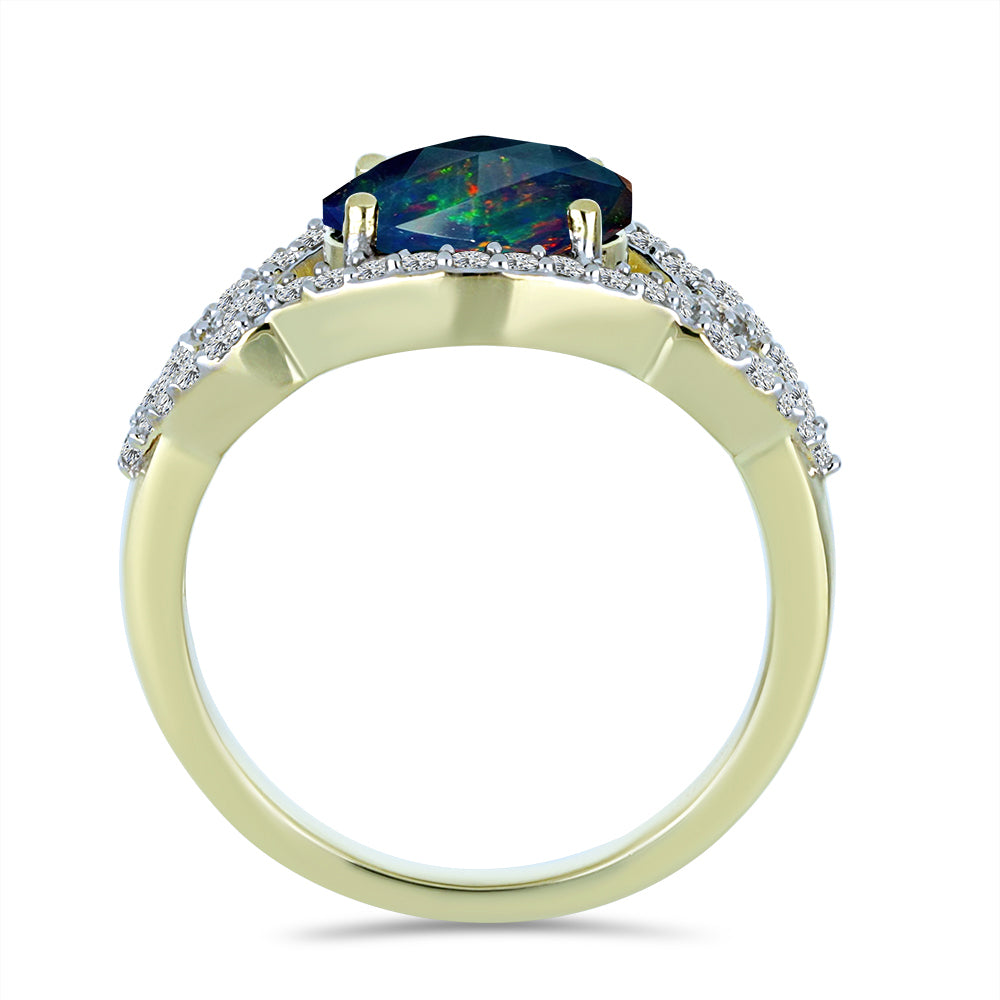 Inel din Argint 925 Placat cu Aur ( 3.32 grame ) cu Opal Etiopian Negru Lega Dembi și Topaz Alb 1.49 Carate 2 