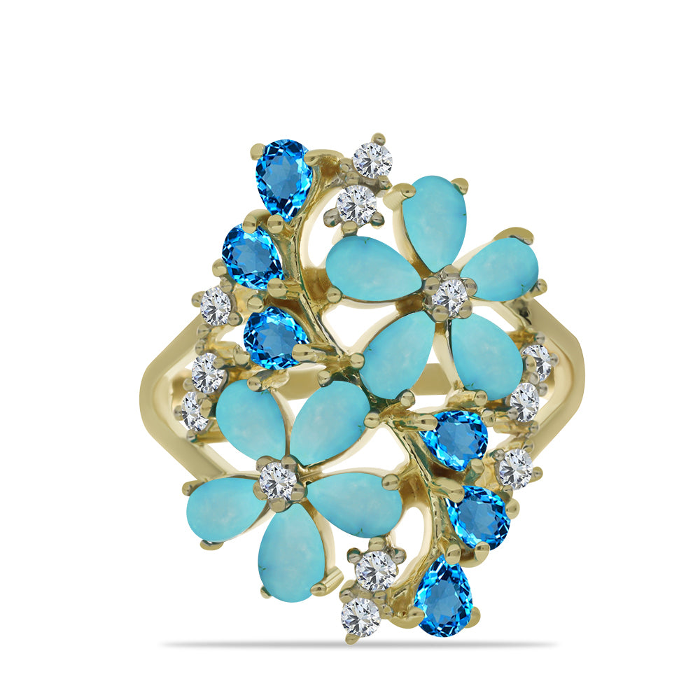 Inel din Argint 925 Placat cu Aur ( 5.32 grame ) cu Turcoaz ”Frumoasa Adormită” și Topaz Albastru ”Elveția” 3.39 Carate 1 