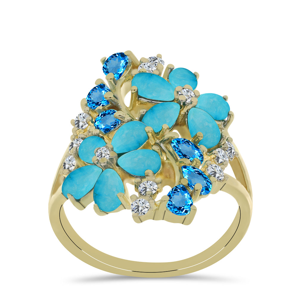 Inel din Argint 925 Placat cu Aur ( 5.32 grame ) cu Turcoaz ”Frumoasa Adormită” și Topaz Albastru ”Elveția” 3.39 Carate