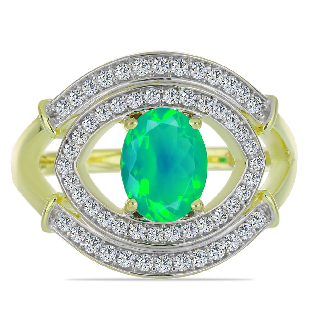 Inel din Argint 925 Placat cu Aur ( 3.75 grame ) cu Opal Verde Etiopian Lega Dembi și Topaz Alb 1.12 Carate