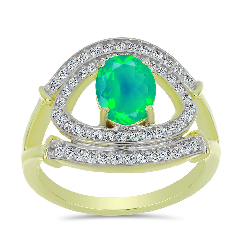 Inel din Argint 925 Placat cu Aur ( 3.75 grame ) cu Opal Verde Etiopian Lega Dembi și Topaz Alb 1.12 Carate
