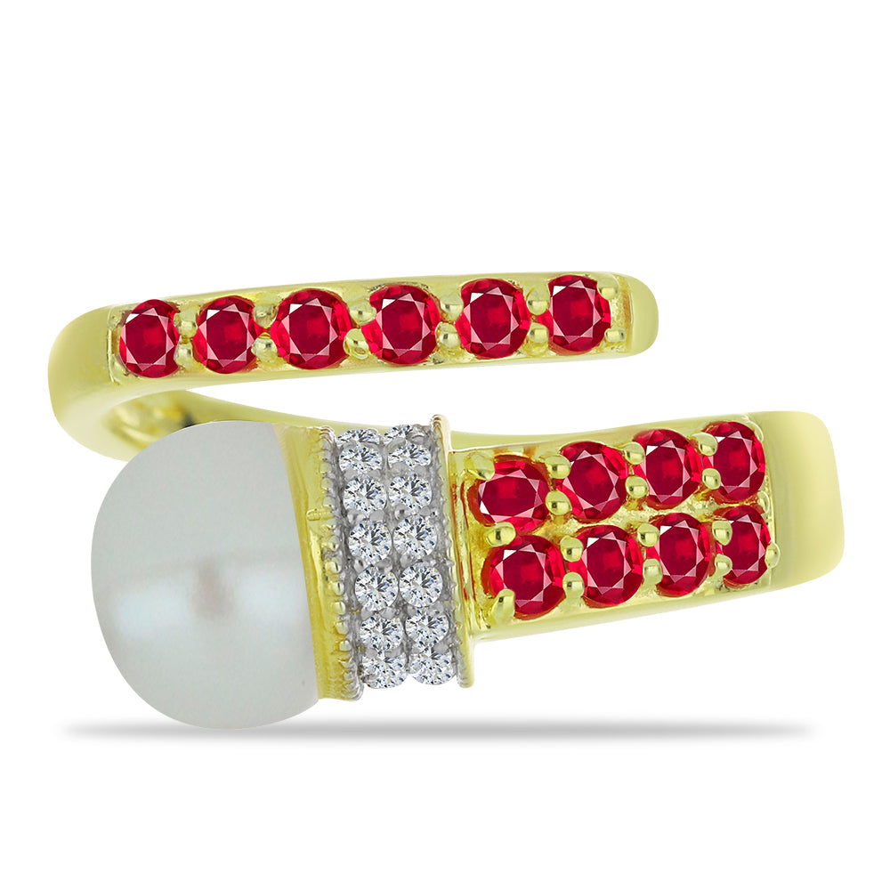 Inel din Argint 925 Placat cu Aur ( 3.66 grame ) cu Perlă de Apă Dulce Albă și Rubin Malagasy 3.92 Carate 1 