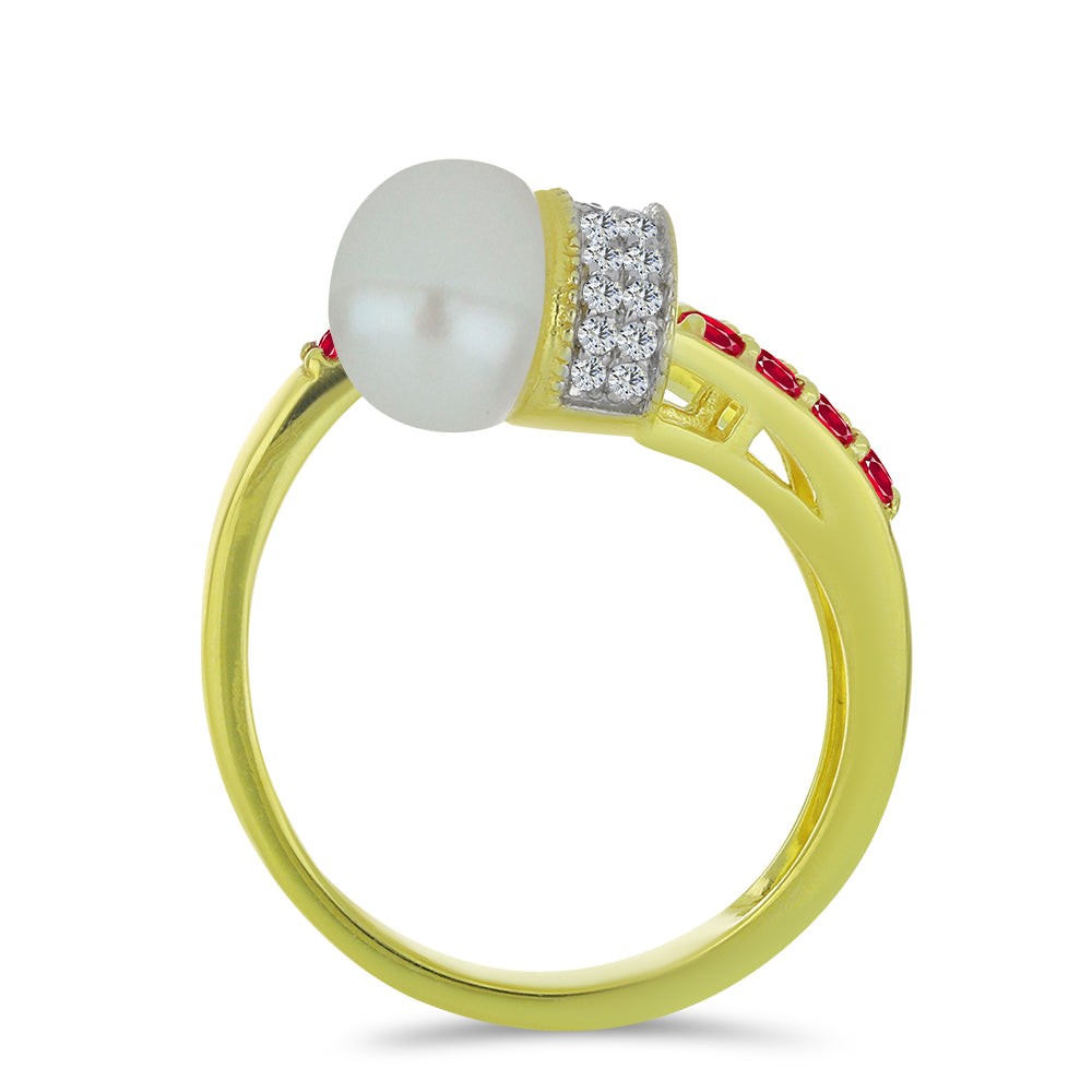 Inel din Argint 925 Placat cu Aur ( 3.66 grame ) cu Perlă de Apă Dulce Albă și Rubin Malagasy 3.92 Carate 2 