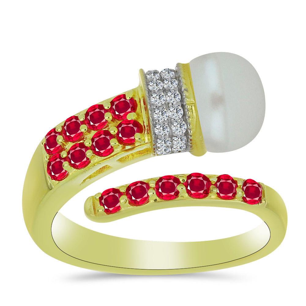 Inel din Argint 925 Placat cu Aur ( 3.66 grame ) cu Perlă de Apă Dulce Albă și Rubin Malagasy 3.92 Carate 3 