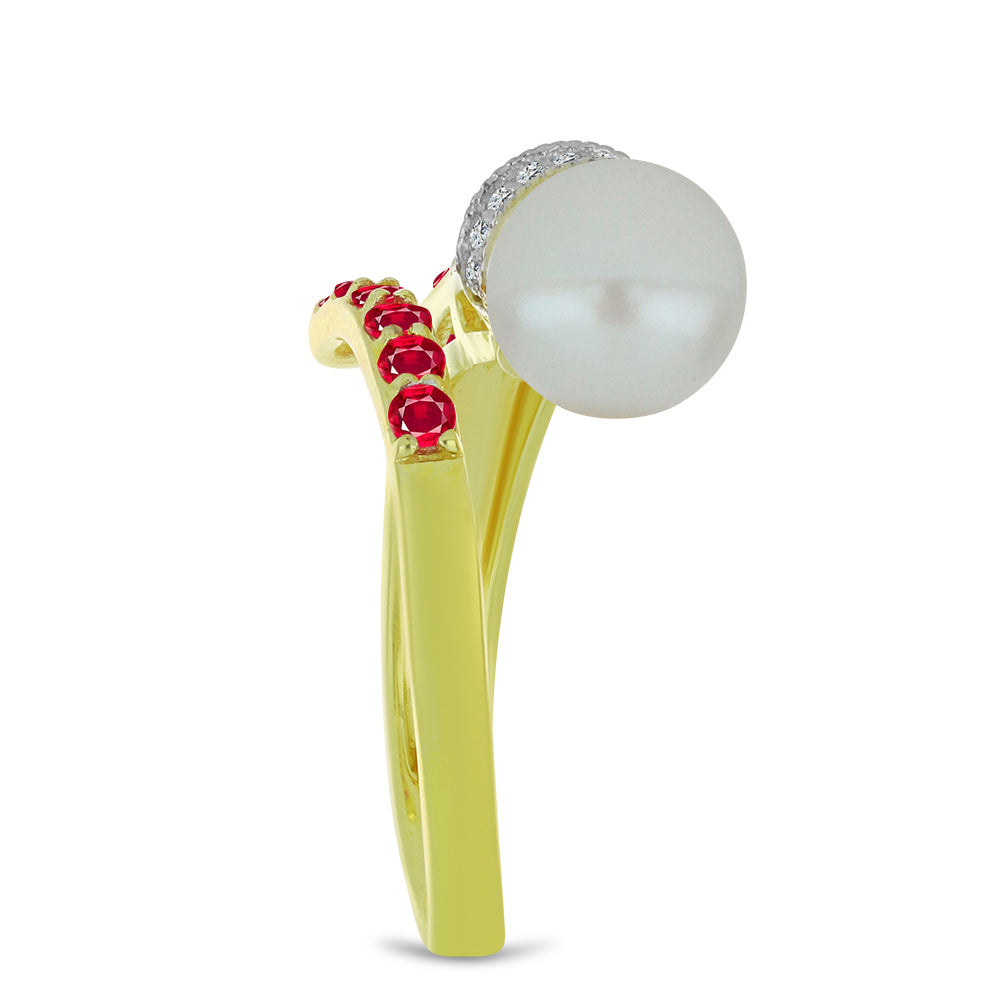 Inel din Argint 925 Placat cu Aur ( 3.66 grame ) cu Perlă de Apă Dulce Albă și Rubin Malagasy 3.92 Carate 4 