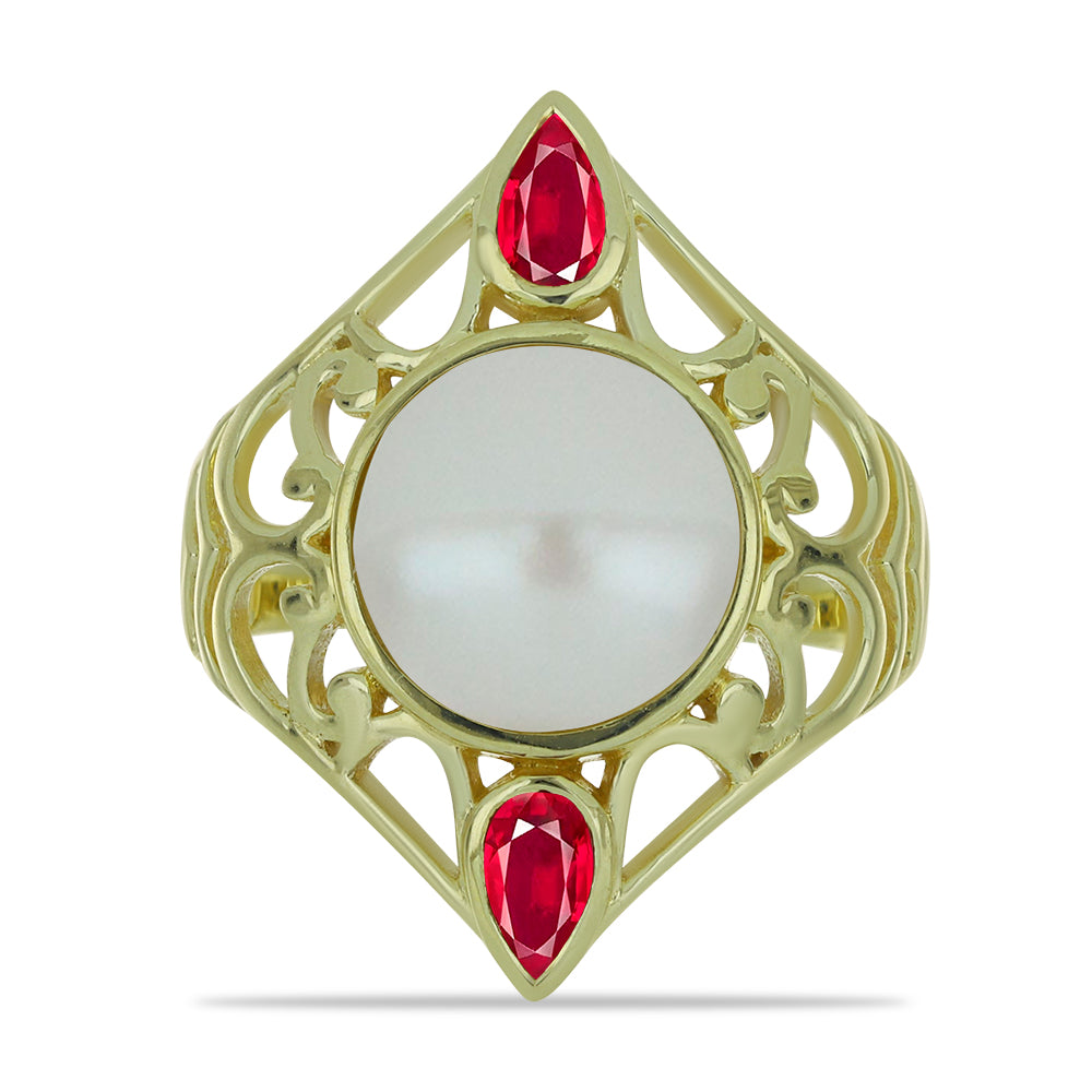 Inel din Argint 925 Placat cu Aur ( 3.99 grame ) cu Perlă de Apă Dulce Albă și Rubin Malagasy 7 Carate 1 