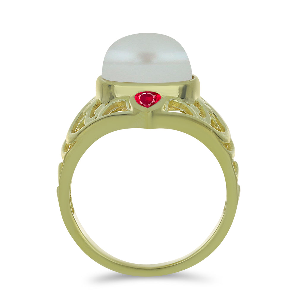 Inel din Argint 925 Placat cu Aur ( 3.99 grame ) cu Perlă de Apă Dulce Albă și Rubin Malagasy 7 Carate 2 