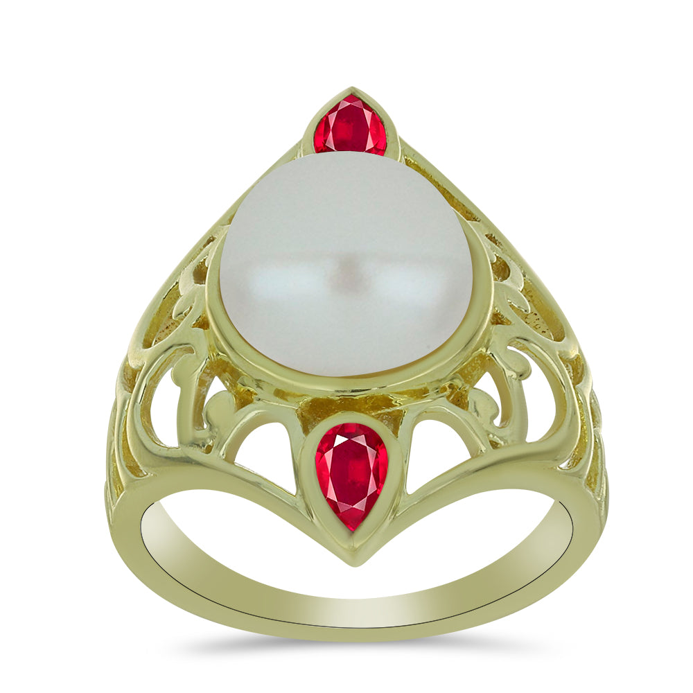 Inel din Argint 925 Placat cu Aur ( 3.99 grame ) cu Perlă de Apă Dulce Albă și Rubin Malagasy 7 Carate 3 