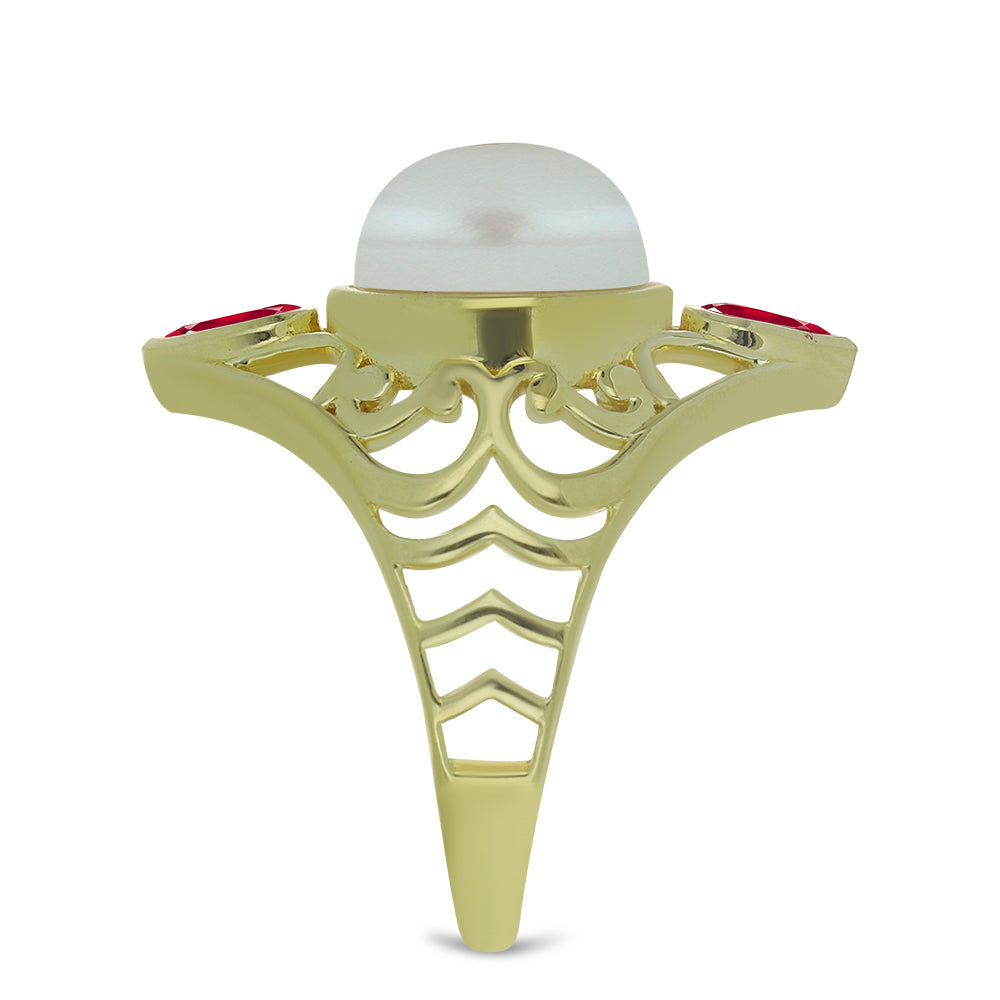 Inel din Argint 925 Placat cu Aur ( 3.99 grame ) cu Perlă de Apă Dulce Albă și Rubin Malagasy 7 Carate 4 