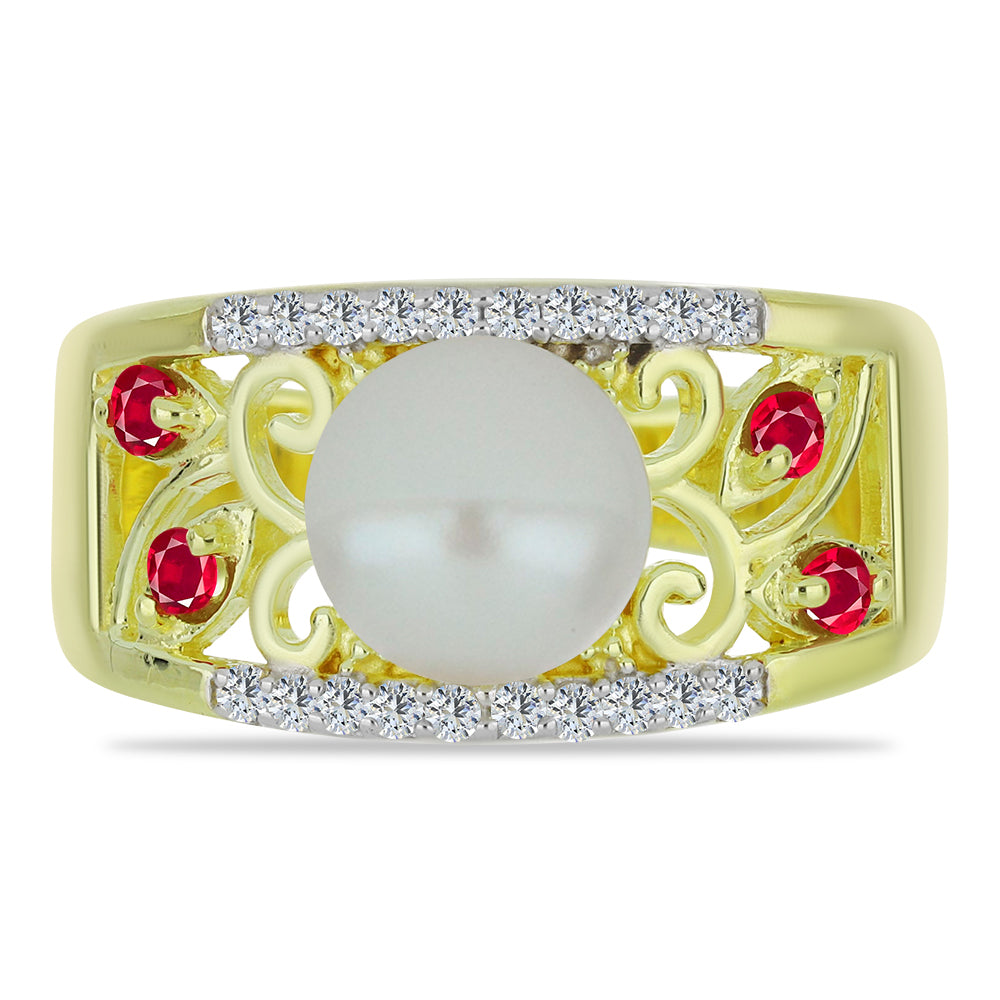 Inel din Argint 925 Placat cu Aur ( 4.67 grame ) cu Perlă de Apă Dulce Albă și Rubin Malagasy 2.9 Carate 1 