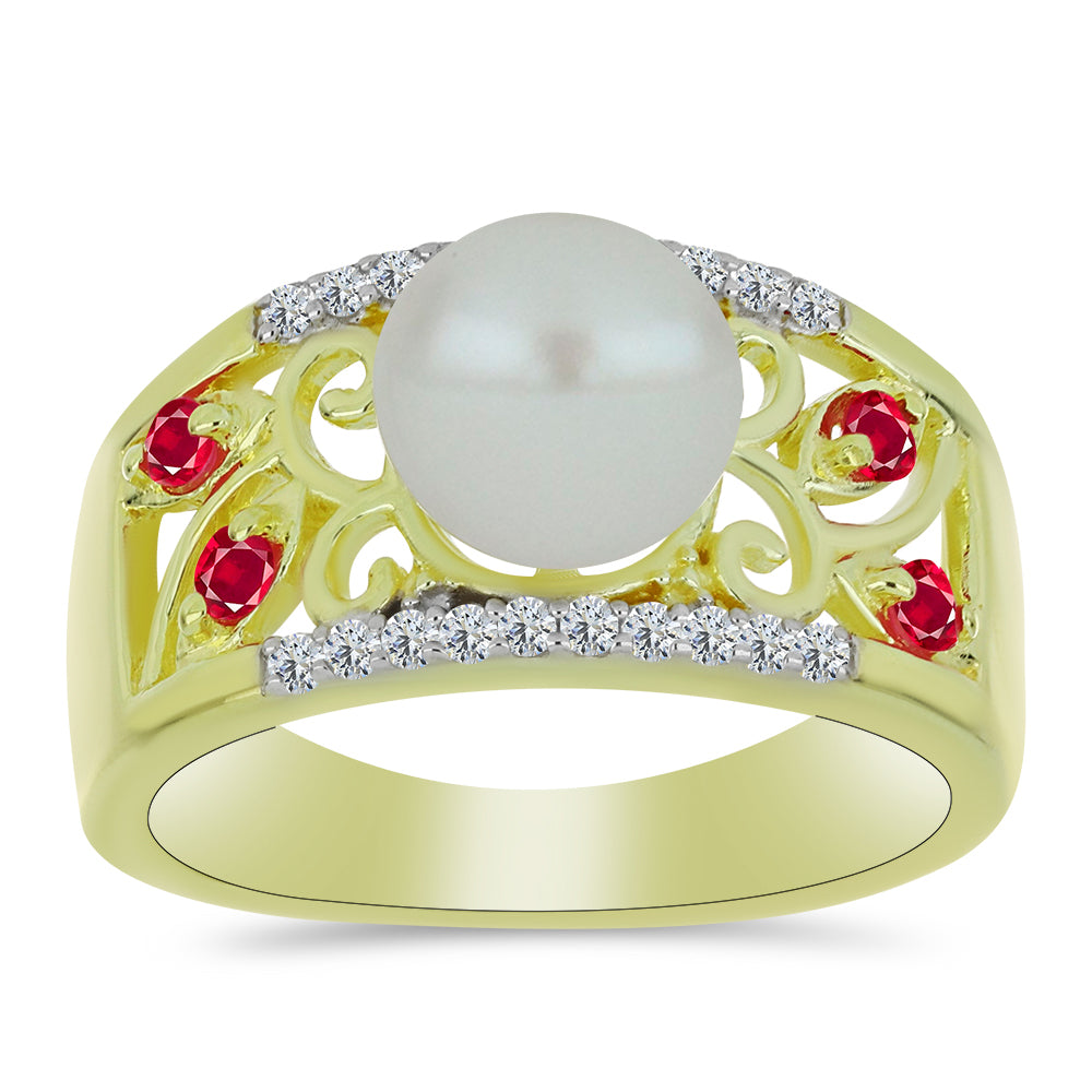Inel din Argint 925 Placat cu Aur ( 4.67 grame ) cu Perlă de Apă Dulce Albă și Rubin Malagasy 2.9 Carate