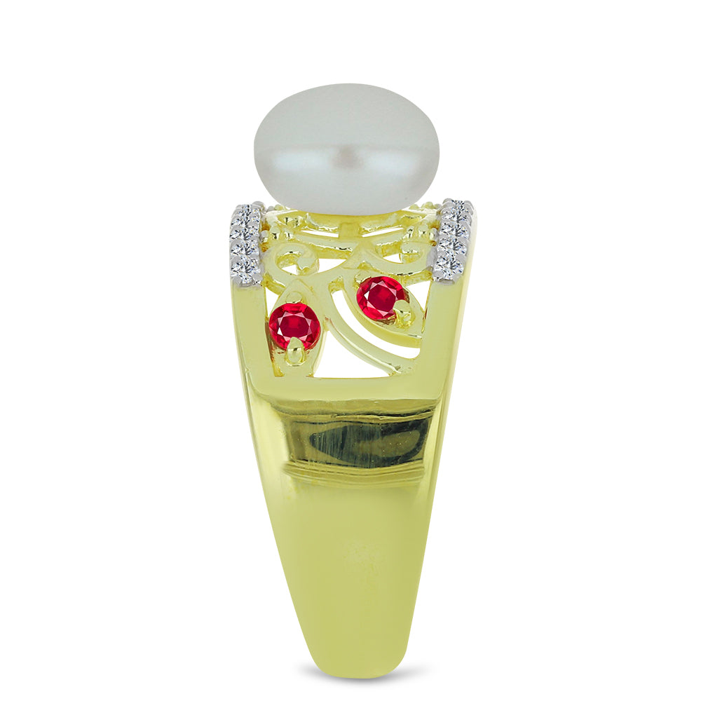 Inel din Argint 925 Placat cu Aur ( 4.67 grame ) cu Perlă de Apă Dulce Albă și Rubin Malagasy 2.9 Carate 4 