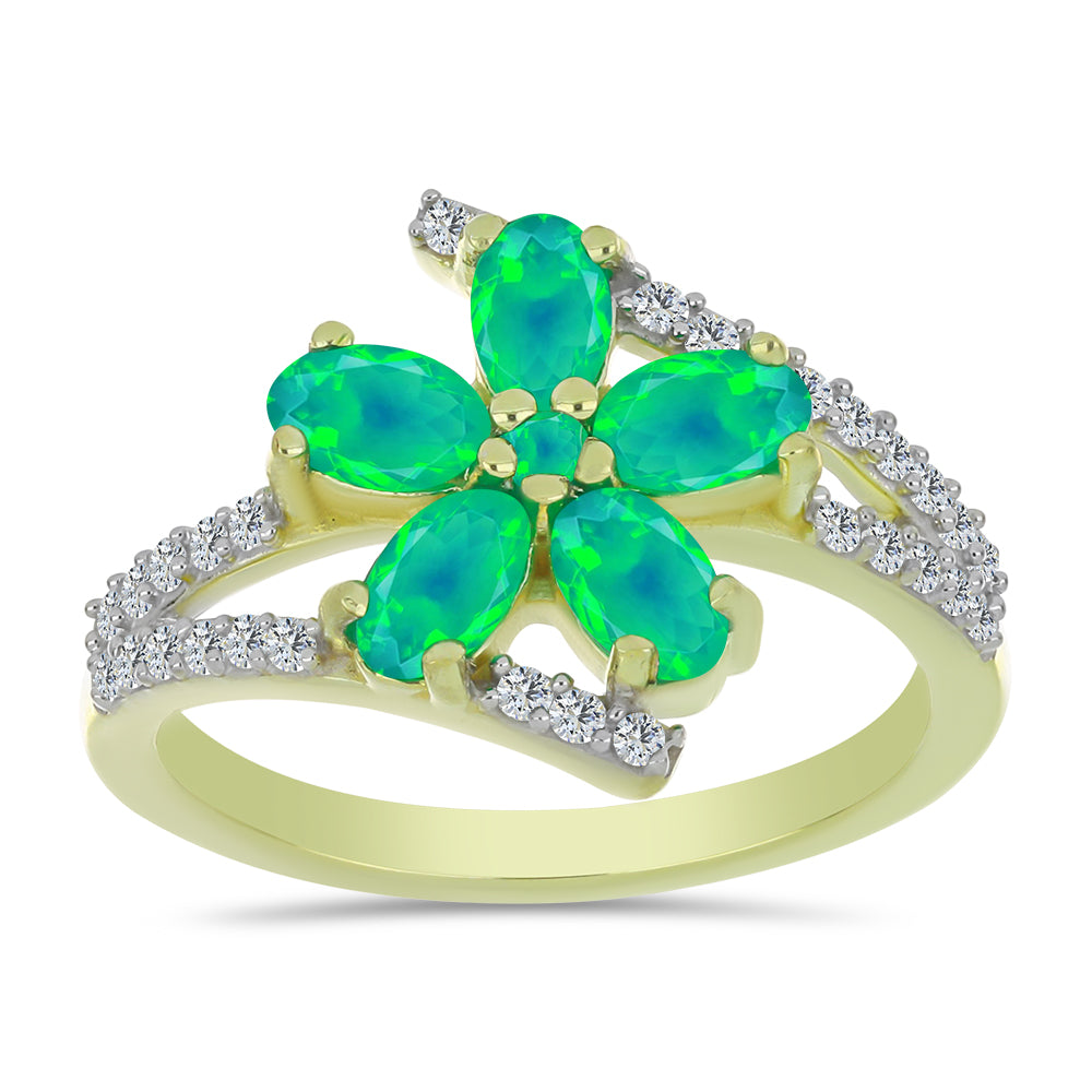 Inel din Argint 925 Placat cu Aur ( 3.12 grame ) cu Opal Verde Etiopian Lega Dembi și Topaz Alb 1.03 Carate