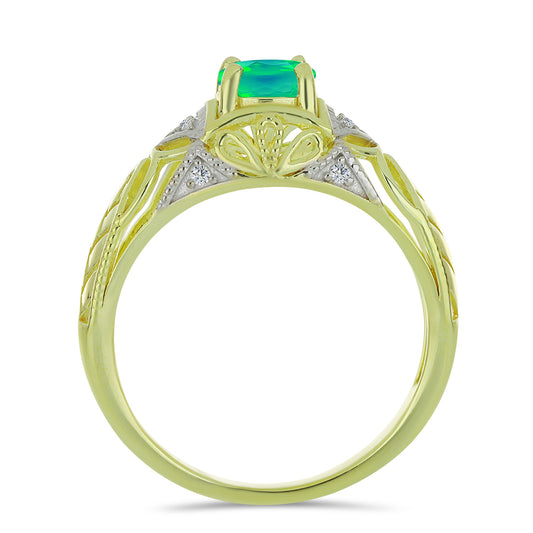 Inel din Argint 925 Placat cu Aur ( 3.63 grame ) cu Opal Verde Etiopian Lega Dembi și Topaz Alb 0.57 Carate