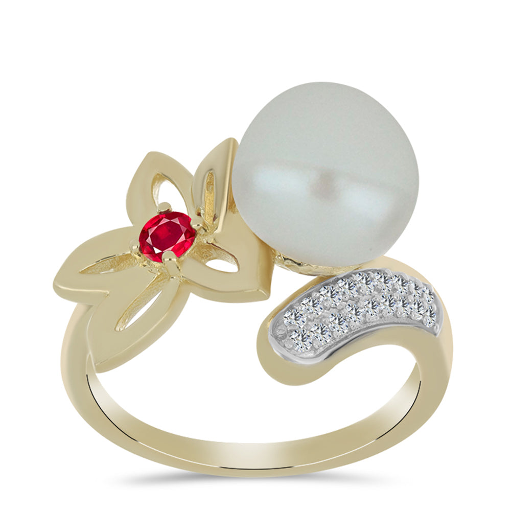 Inel din Argint 925 Placat cu Aur ( 4.09 grame ) cu Perlă de Apă Dulce Albă și Rubin Malagasy 6.42 Carate