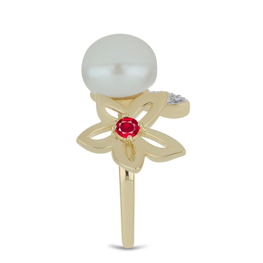 Inel din Argint 925 Placat cu Aur ( 4.09 grame ) cu Perlă de Apă Dulce Albă și Rubin Malagasy 6.42 Carate 4 