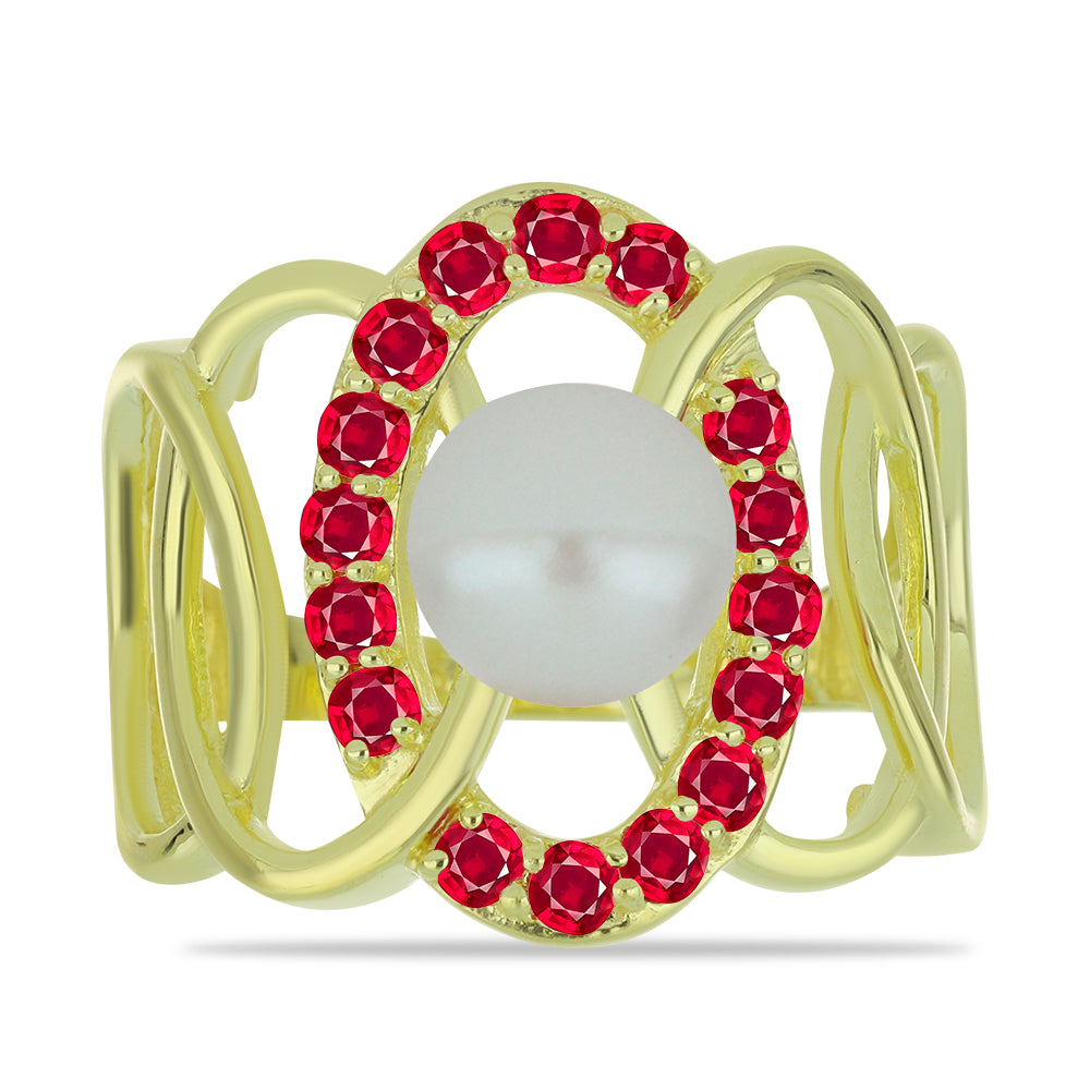 Inel din Argint 925 Placat cu Aur ( 4.18 grame ) cu Perlă de Apă Dulce Albă și Rubin Malagasy 3.73 Carate