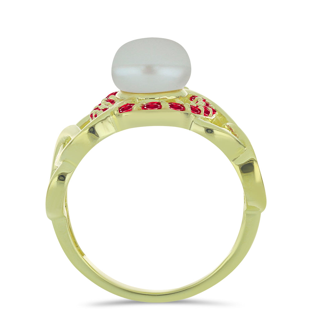 Inel din Argint 925 Placat cu Aur ( 4.18 grame ) cu Perlă de Apă Dulce Albă și Rubin Malagasy 3.73 Carate 2 