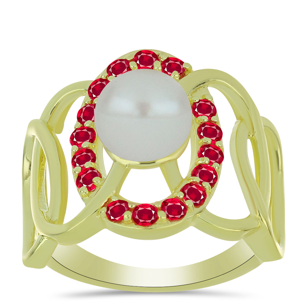 Inel din Argint 925 Placat cu Aur ( 4.18 grame ) cu Perlă de Apă Dulce Albă și Rubin Malagasy 3.73 Carate 3 