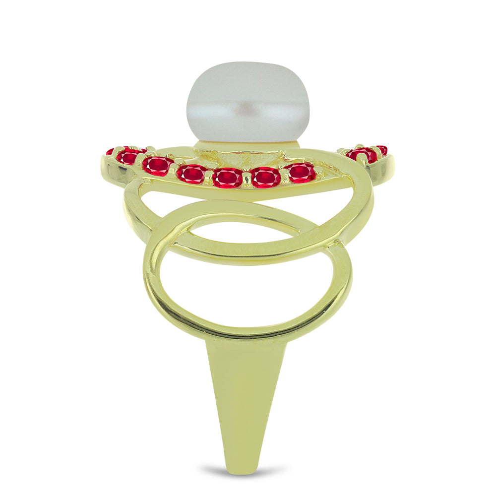 Inel din Argint 925 Placat cu Aur ( 4.18 grame ) cu Perlă de Apă Dulce Albă și Rubin Malagasy 3.73 Carate 4 