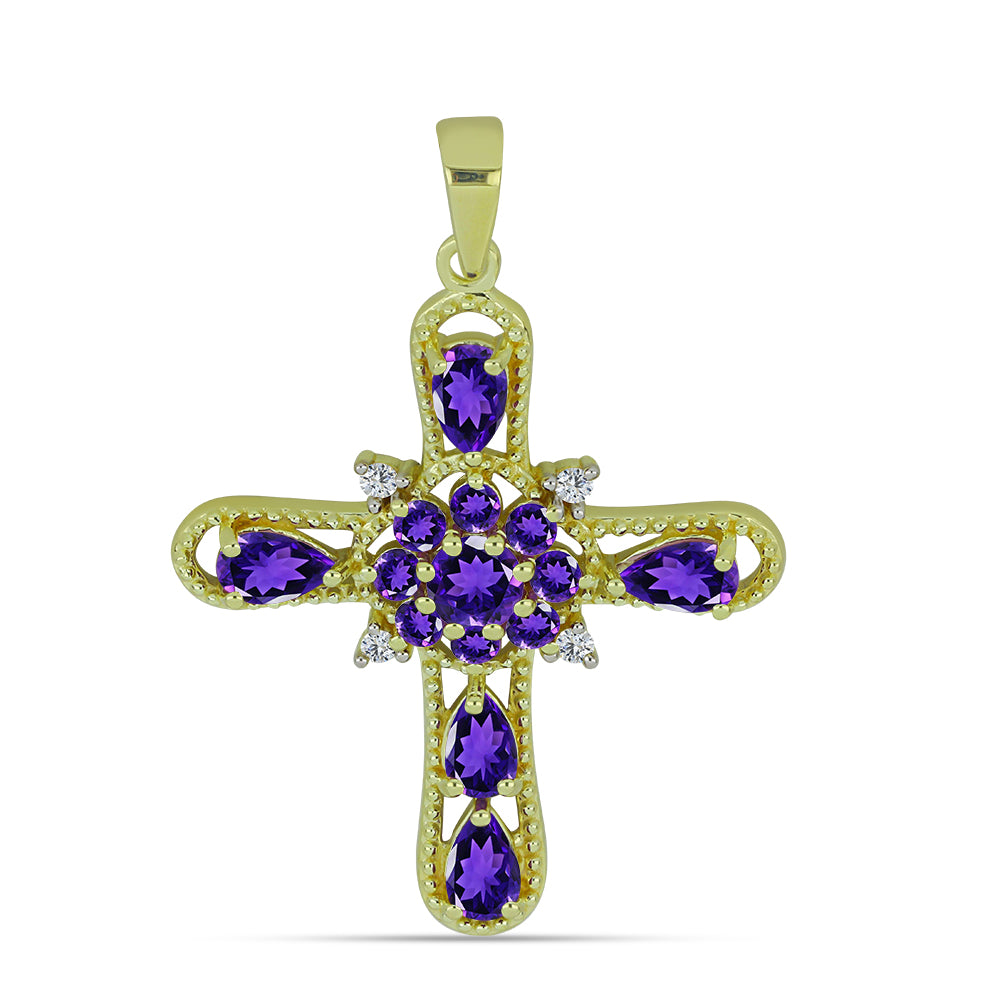 Cruce Pandantiv din Argint 925 Placat cu Aur ( 2.5 grame ) cu Ametist Marocan și Topaz Alb 1.53 Carate