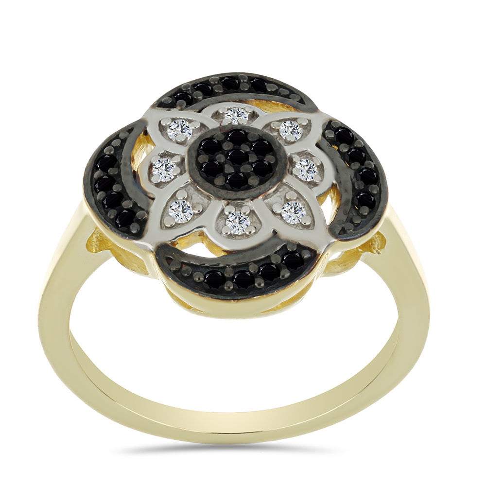 Inel din Argint 925 Placat cu Aur ( 3.21 grame ) cu Spinel Negru și Topaz Alb 0.33 Carate 3 