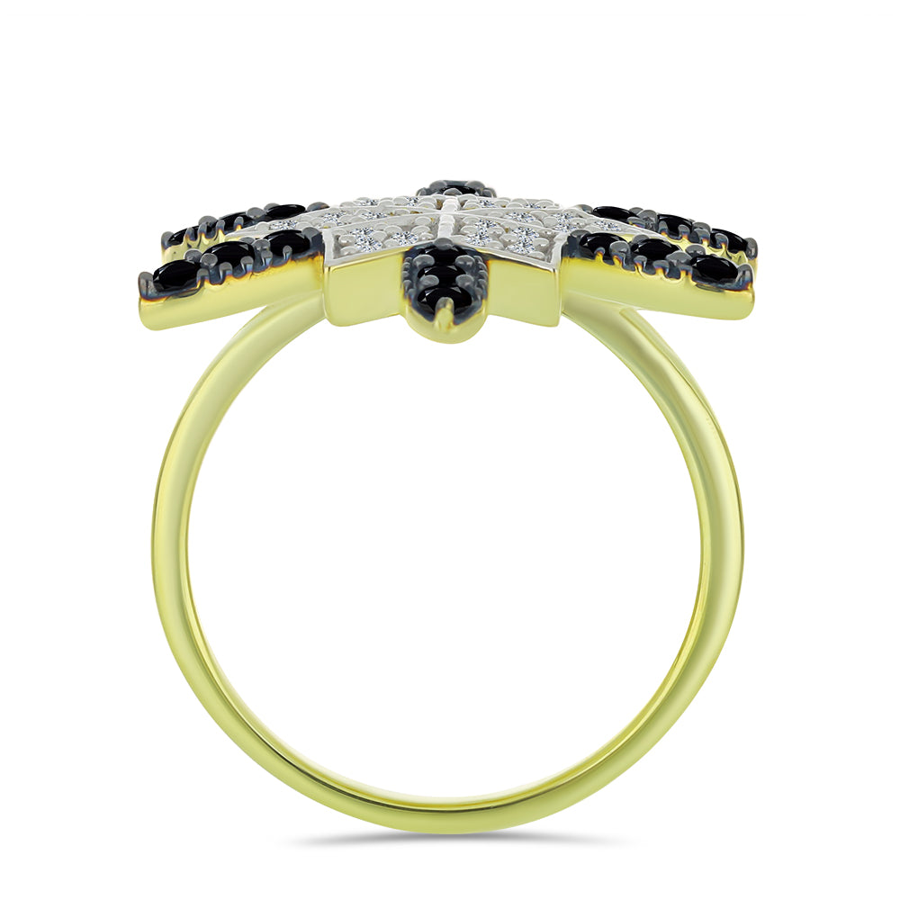 Inel din Argint 925 Placat cu Aur ( 4.73 grame ) cu Spinel Negru și Topaz Alb 1.19 Carate 2 