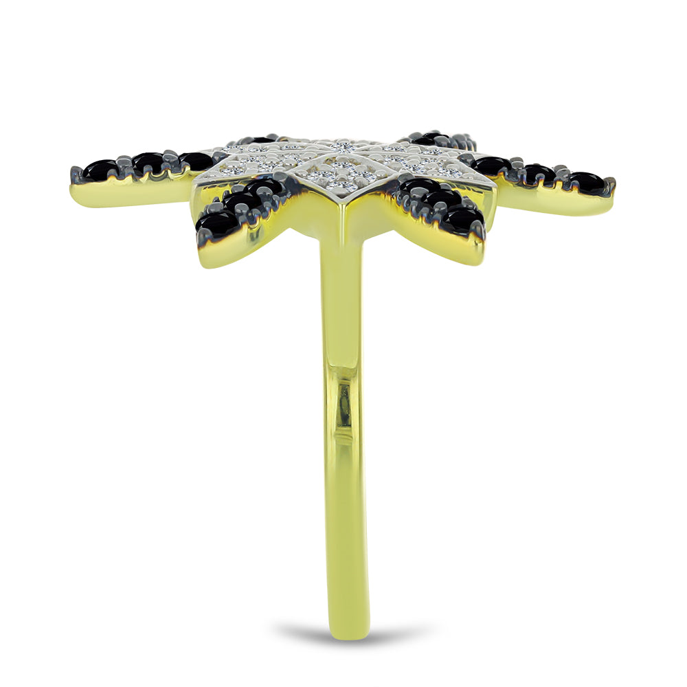 Inel din Argint 925 Placat cu Aur ( 4.73 grame ) cu Spinel Negru și Topaz Alb 1.19 Carate 4 