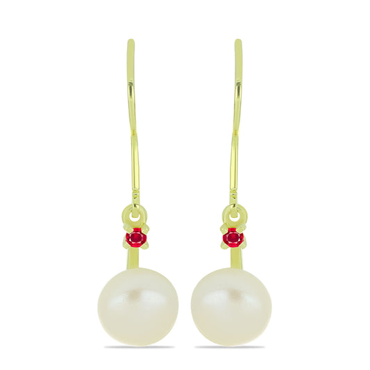 Cercei din Argint 925 Placat cu Aur ( 1.29 grame ) cu Perlă de Apă Dulce Albă și Rubin Malagasy 5.55 Carate
