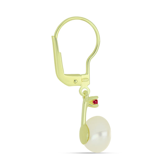 Cercei din Argint 925 Placat cu Aur ( 1.29 grame ) cu Perlă de Apă Dulce Albă și Rubin Malagasy 5.55 Carate