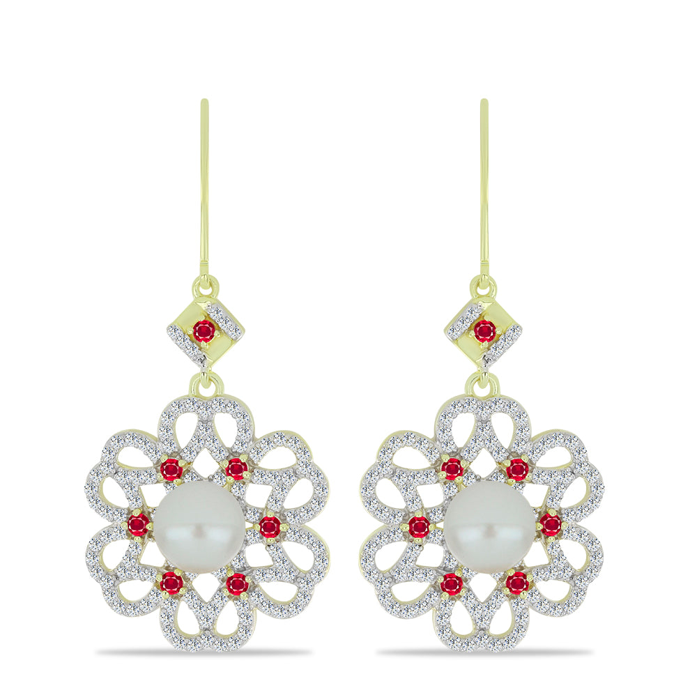 Cercei din Argint 925 Placat cu Aur ( 8.42 grame ) cu Perlă de Apă Dulce Albă și Rubin Malagasy 8.02 Carate