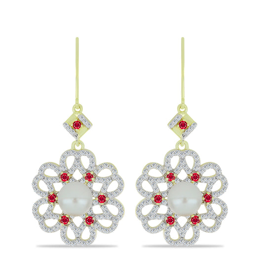 Cercei din Argint 925 Placat cu Aur ( 8.42 grame ) cu Perlă de Apă Dulce Albă și Rubin Malagasy 8.02 Carate