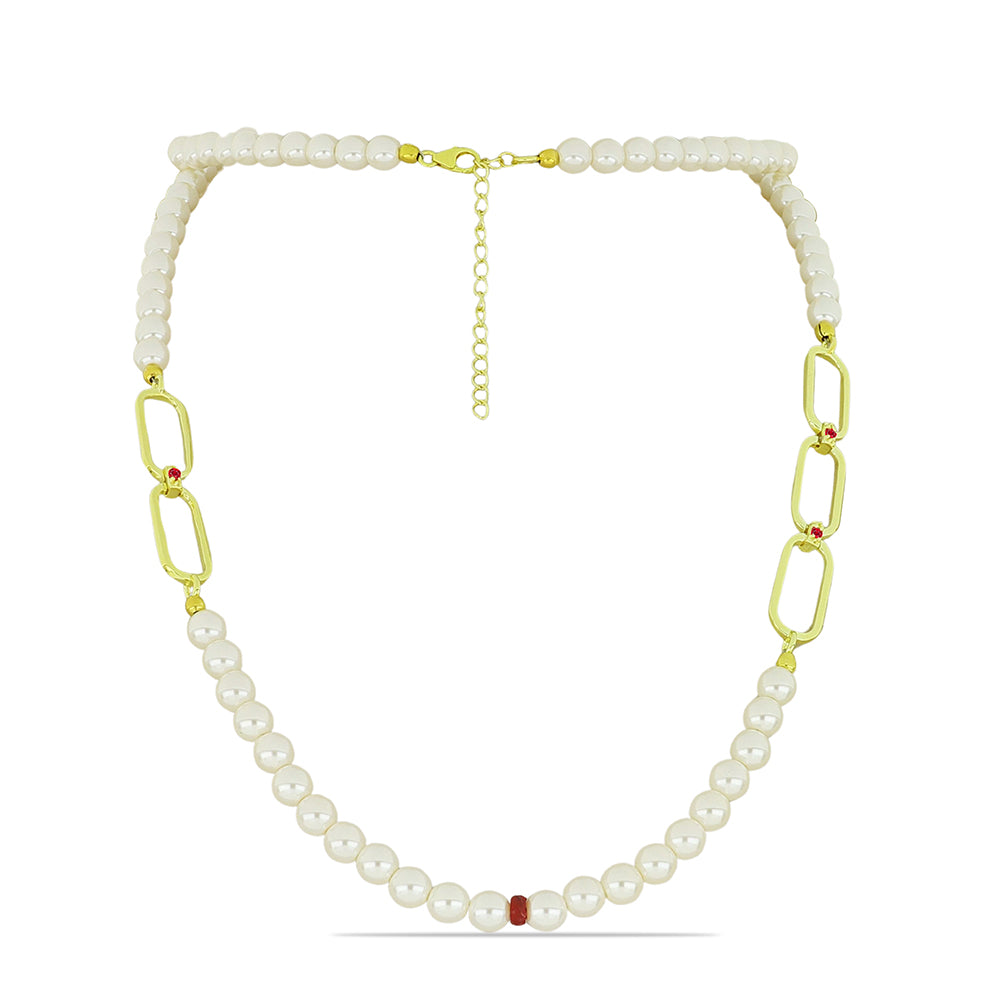 Set din Argint 925 Placat cu Aur ( 16.04 grame ) cu Perlă de Apă Dulce Albă și Rubin Malagasy 97.53 Carate ( Colier+Cercei+Brățară ) 2 