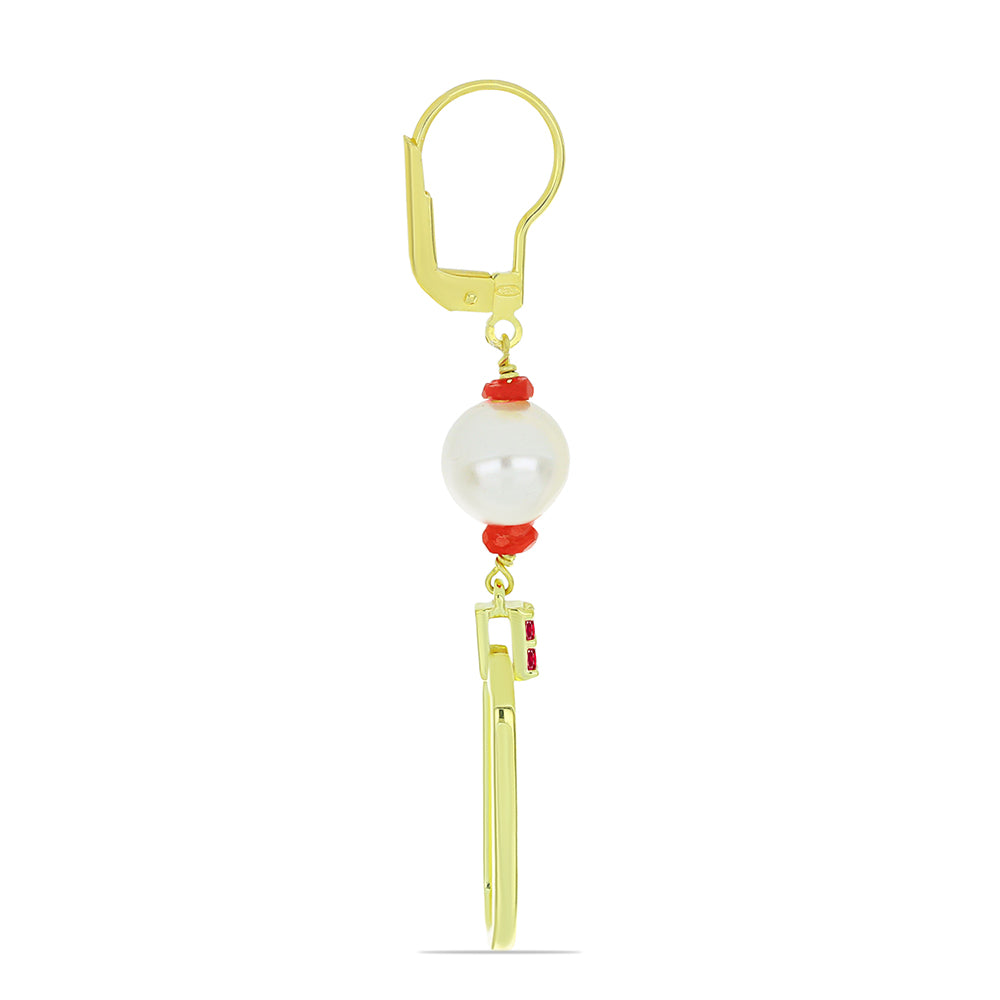 Set din Argint 925 Placat cu Aur ( 16.04 grame ) cu Perlă de Apă Dulce Albă și Rubin Malagasy 97.53 Carate ( Colier+Cercei+Brățară )