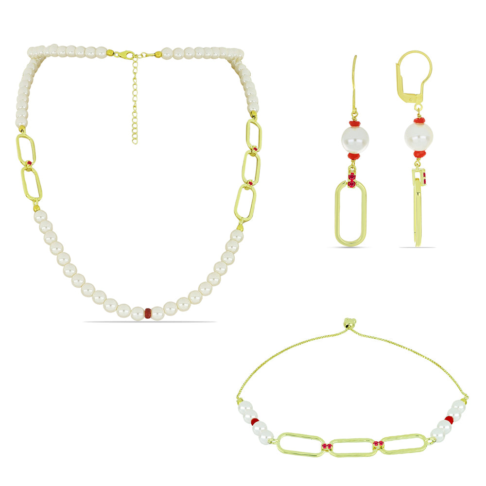 Set din Argint 925 Placat cu Aur ( 16.04 grame ) cu Perlă de Apă Dulce Albă și Rubin Malagasy 97.53 Carate ( Colier+Cercei+Brățară )