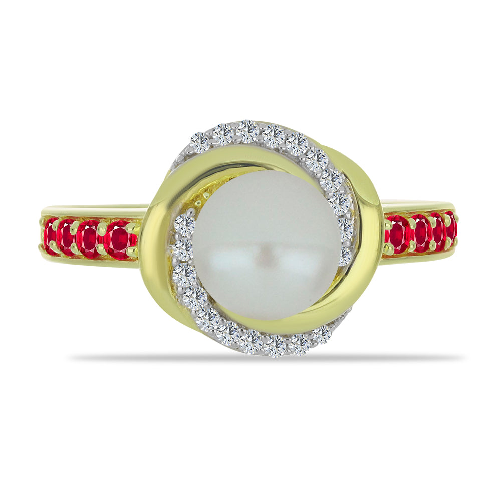 Inel din Argint 925 Placat cu Aur ( 3.53 grame ) cu Perlă de Apă Dulce Albă și Rubin Malagasy 3.28 Carate 1 