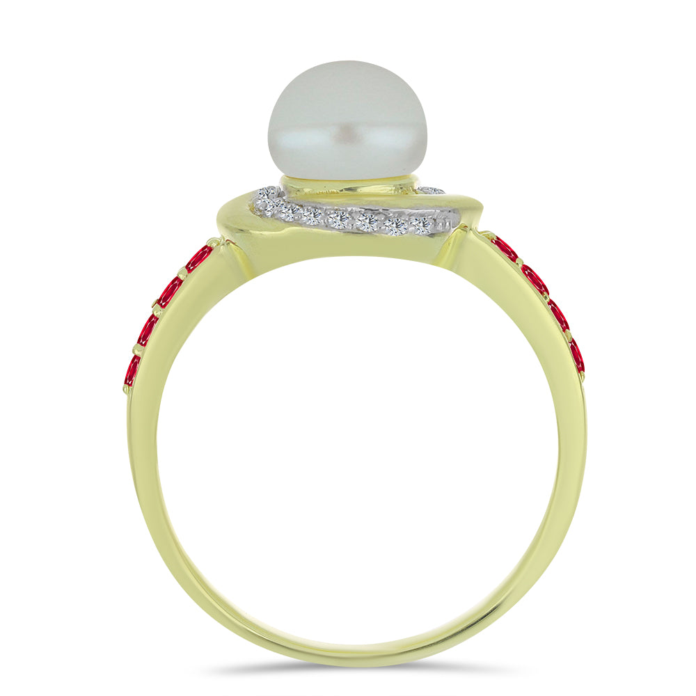 Inel din Argint 925 Placat cu Aur ( 3.53 grame ) cu Perlă de Apă Dulce Albă și Rubin Malagasy 3.28 Carate 2 