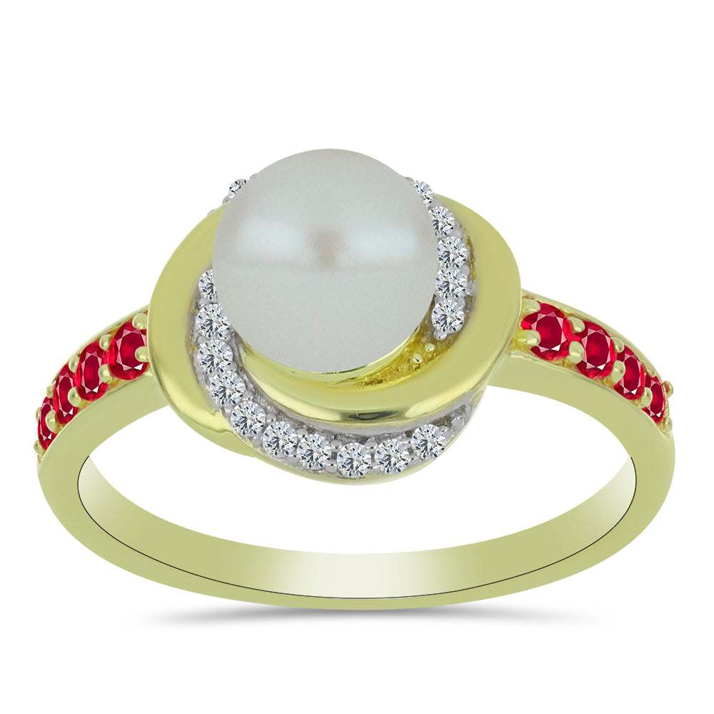 Inel din Argint 925 Placat cu Aur ( 3.53 grame ) cu Perlă de Apă Dulce Albă și Rubin Malagasy 3.28 Carate 3 