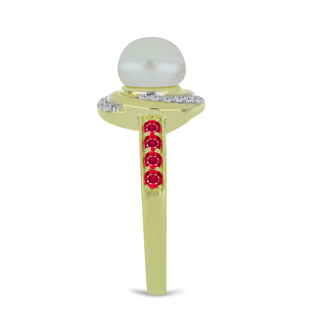 Inel din Argint 925 Placat cu Aur ( 3.53 grame ) cu Perlă de Apă Dulce Albă și Rubin Malagasy 3.28 Carate 4 