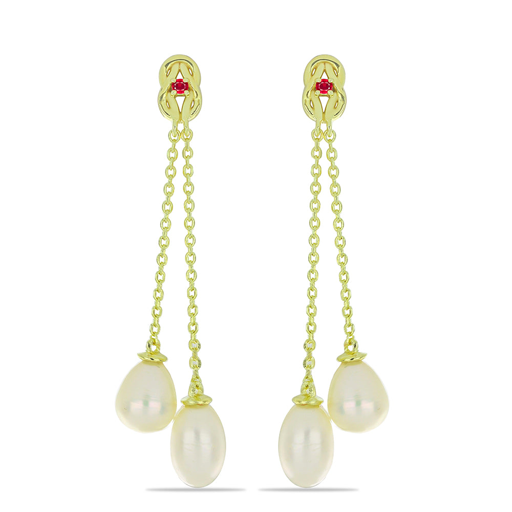 Cercei din Argint 925 Placat cu Aur ( 2.88 grame ) cu Perlă de Apă Dulce Albă și Rubin Malagasy 16.25 Carate 1 