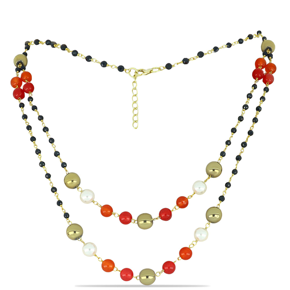 Colier din Argint 925 Placat cu Aur ( 3.7 grame ) cu Obsidian și Perlă de Apă Dulce Albă 94.75 Carate 1 