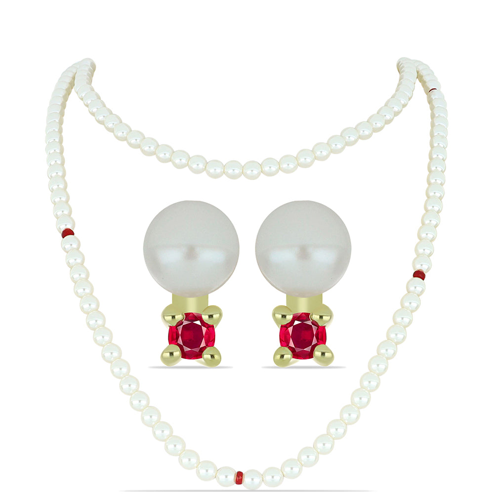 Set din Argint 925 Placat cu Aur ( 0.95 grame ) cu Perlă de Apă Dulce Albă și Rubin Malagasy 176.58 Carate ( Colier+Cercei ) 1 