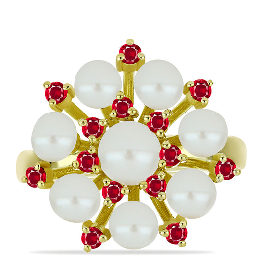 Inel din Argint 925 Placat cu Aur ( 3.99 grame ) cu Perlă de Apă Dulce Albă și Rubin Malagasy 5.62 Carate